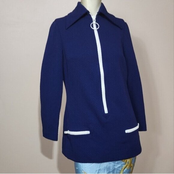 VTG 60s Vana Crimplene Mod Jacket | Cobalt Blue White Trim Zip Front Ring Pull - Picture 4 of 9